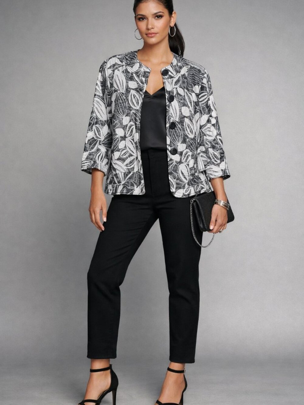 Tanjay Lightweight Blue-Gray and White Leaf Print Women's 3/4 Sleeve Jacket 14